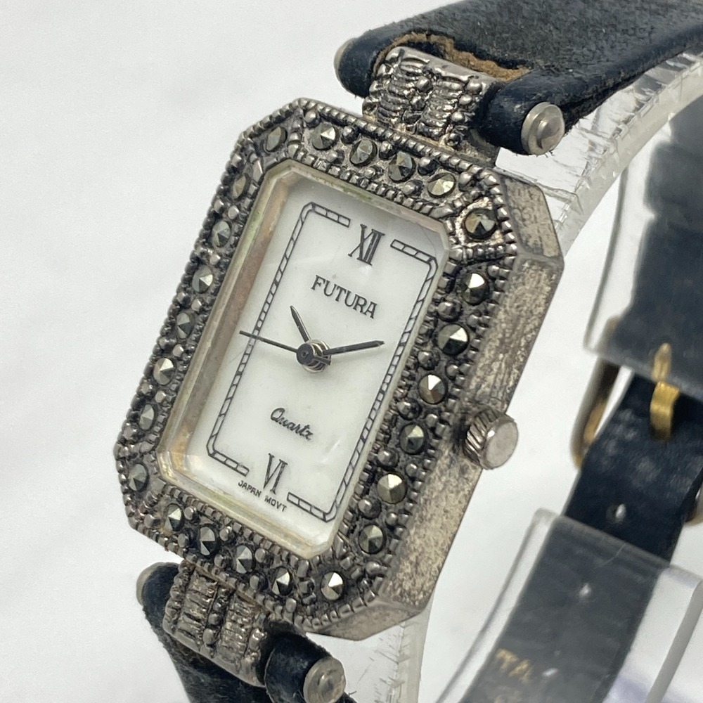 Vintage Futura Marcasite Tank Watch Women 22mm Silver Tone MOP New Battery 7.5" - Picture 4 of 16